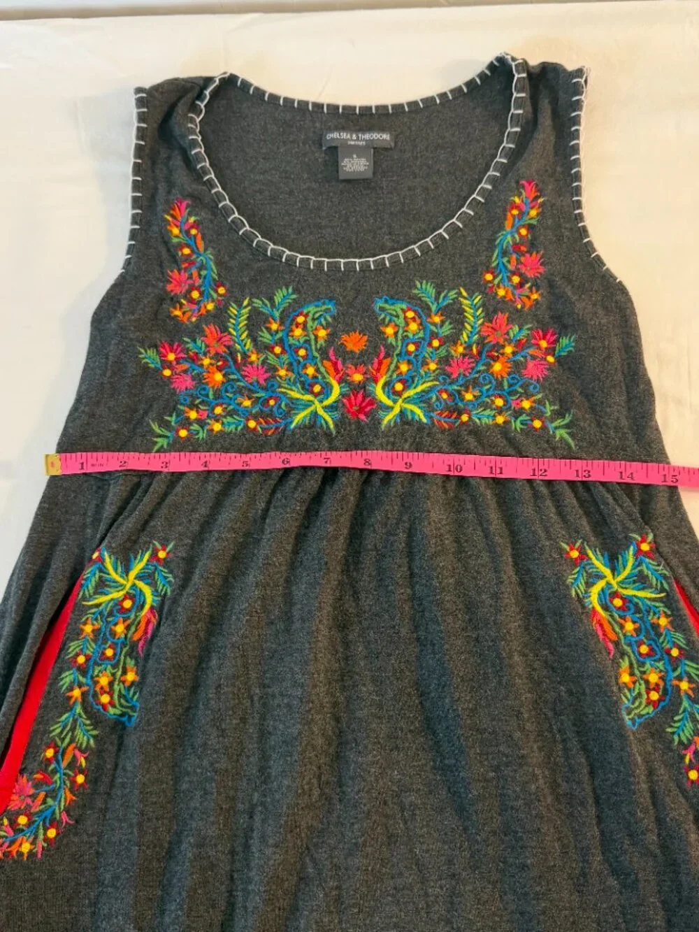 Chelsea & Theodore Embroidered Midi Dress Small Gray Floral Boho Sleeveless - Picture 7 of 9